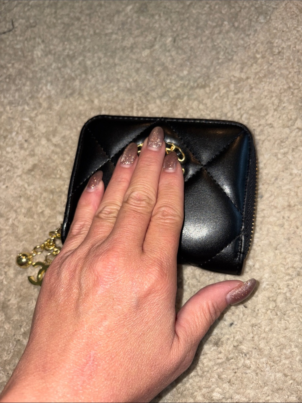 Black Quilted Leather Look Zip Wallet with Gold Chain Accent